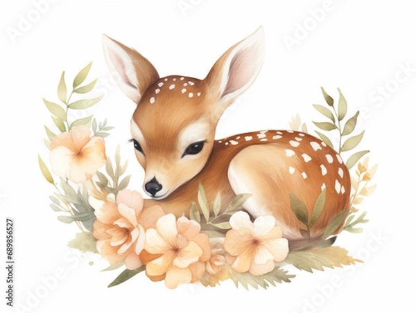 Fototapeta Baby Deer Sleeping with Flowers. Nursery woodland watercolor illustration. Bohemian boho drawing for nursery poster, isolated on white