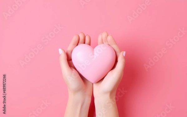 Fototapeta Top view female hands holding a pink heart on a pink background