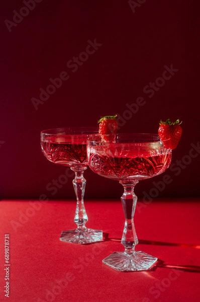 Fototapeta Two glasses of rose sparkling wine on red background romantic valentine's day concept