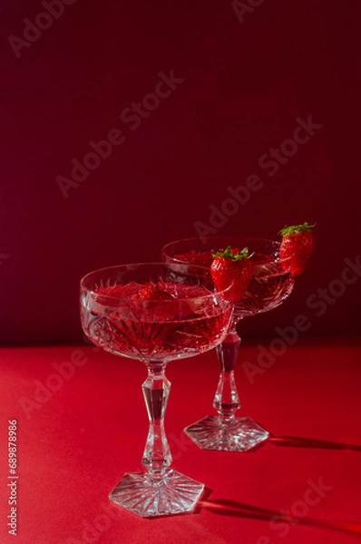 Fototapeta Two glasses of rose sparkling wine on red background romantic valentine's day concept