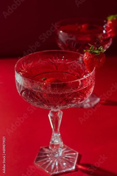 Fototapeta Two glasses of rose sparkling wine on red background romantic valentine's day concept
