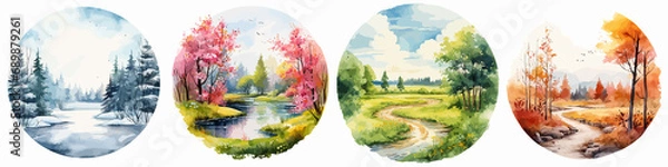 Obraz Four seasons watercolor illustration. Tree in four times of year. 4 hand drawing element representing winter, spring, summer, autumn.