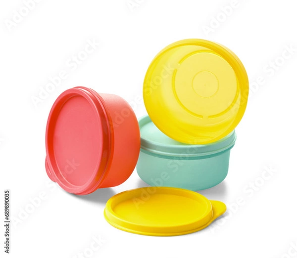 Obraz Plastic containers with sealed lids isolated on white background