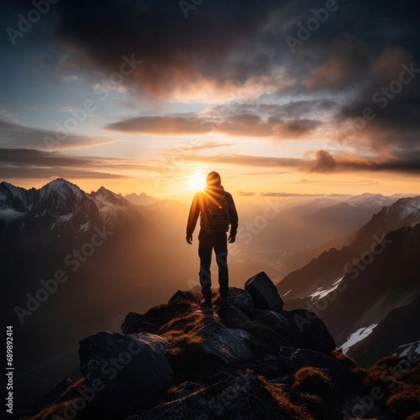 Obraz Inspiring scene of a person standing on a mountain peak witnessing the sunrise above the clouds