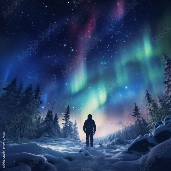 Fototapeta Singular figure stands before a stunning display of the aurora borealis in a snowy forest