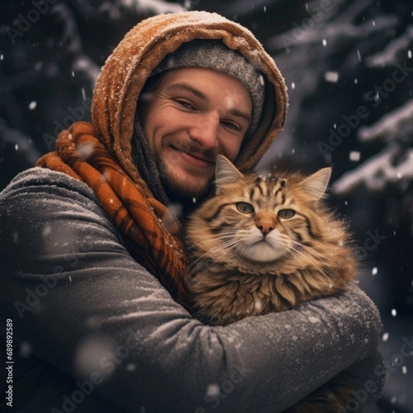 Fototapeta A smiling man with a beanie warmly embraces a large maine coon cat during a gentle snowfall in a winter forest scene