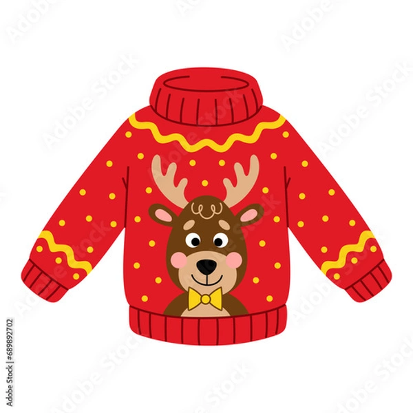 Fototapeta Christmas ugly sweater with Xmas reindeer. New Year funny jumper with deer in cartoon flat style. Isolated festive winter clothes vector illustration on a white background. Perfect for holiday design.