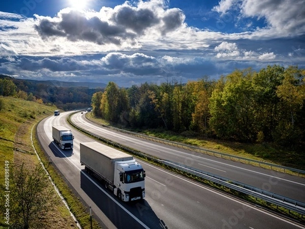 Obraz Three white trucks driving on the highway winding through forested landscape in autumn colors at sunset with dark clouds