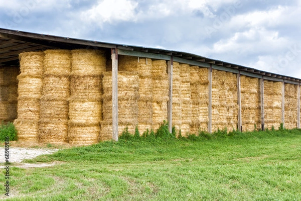 Fototapeta hay bale stacked in barn
