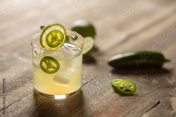 Obraz Spicy Margarita with fresh jalapeno and lime on wood background