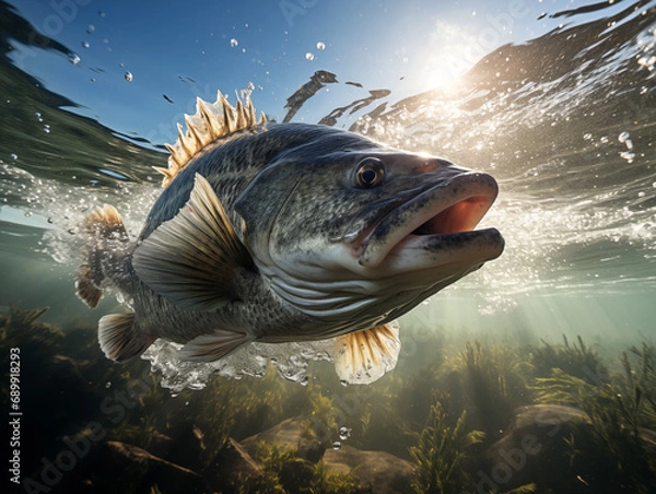 Obraz Largemouth Bass Splashing Underwater Biting at a Fishing Lure