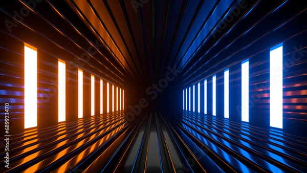 Fototapeta Sci Fi neon glowing lines in a dark tunnel. Reflections on the floor and ceiling. 3d rendering image. Abstract glowing lines. Technology futuristic background.