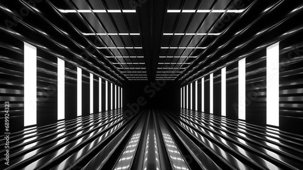 Fototapeta Sci Fi neon glowing lines in a dark tunnel. Reflections on the floor and ceiling. 3d rendering image. Abstract glowing lines. Technology futuristic background.