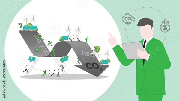 Fototapeta ESG sustainability business policy. Carbon credit calculate from reduce carbon footprint and carbon offset. Profit of CO2 graph