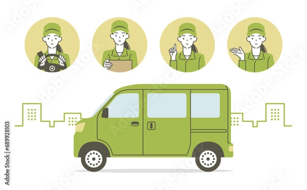 Fototapeta 軽ワゴン車と女性ドライバー(配達員)のポーズセット