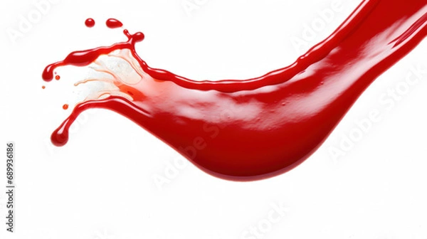 Fototapeta A Red drops of ketchup or sauce isolated on white background with contrasting paths. Full depth of field, focus stacking.