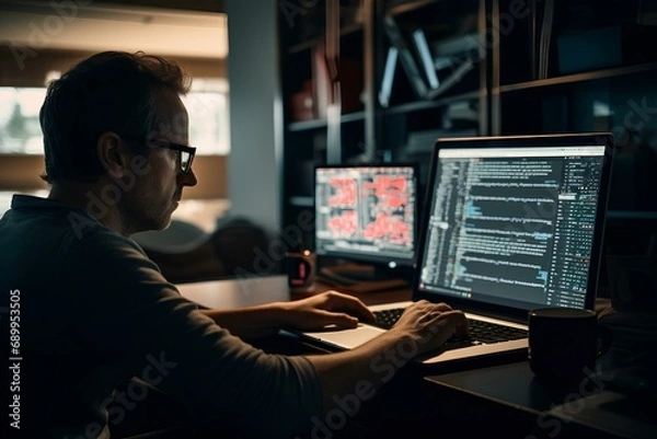 Obraz An AI expert developing complex algorithms. His laptop screen is filled with intricate code. generative AI