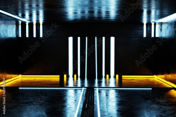 Fototapeta 3D rendering Neon lights glow blue in the basement