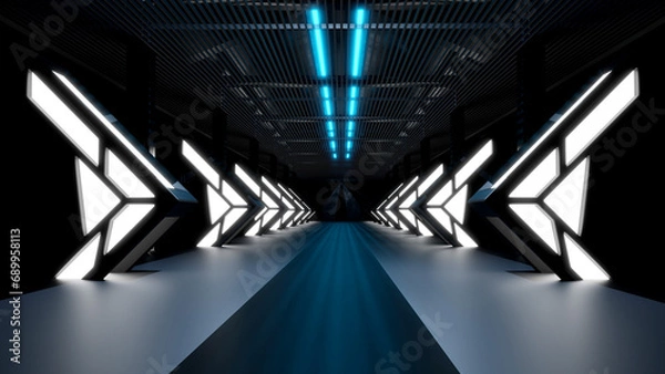 Fototapeta 3D rendering Neon lights glow blue in the basement.