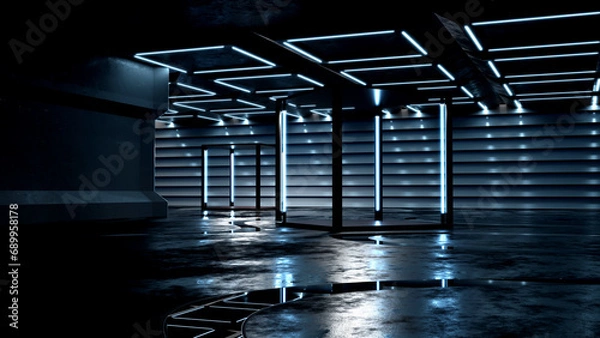Fototapeta 3D rendering Neon lights glow blue in the basement