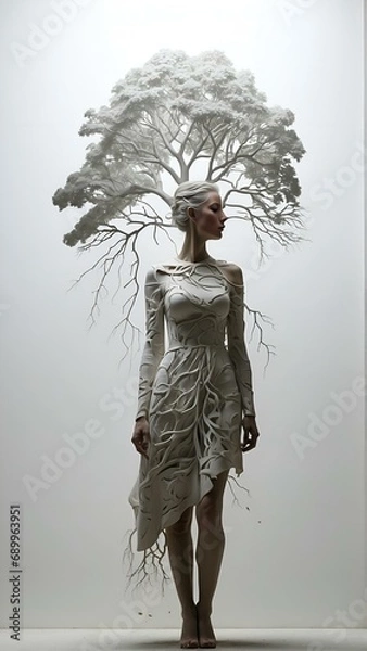 Obraz Bas-relief double exposure of a woman standing beside a tree with several roots, it creepy.A visually captivating minimalist artwork featuring a detailed silhouette white, Low angle, from below view