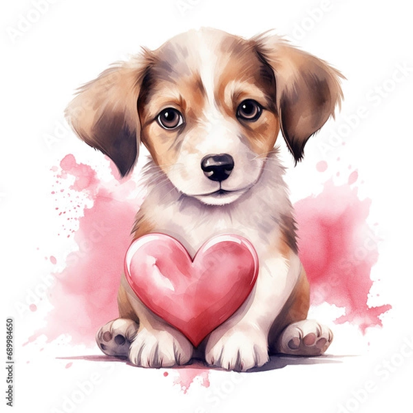 Obraz Cute watercolor style puppy dog with heart valentine gift card design isolated on transparent background