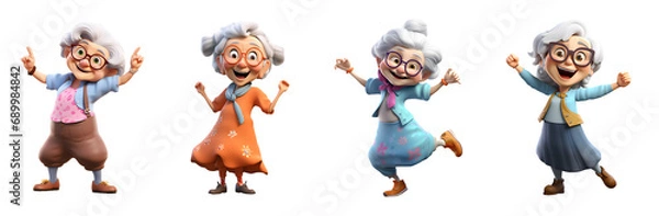 Obraz Set of 3D cartoon character cute elderly old woman dancing happy celebrating have fun, Full body isolated on white and transparent background
