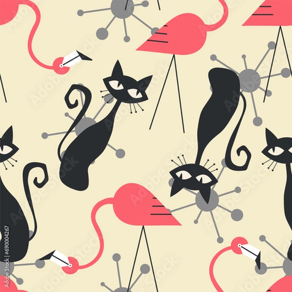 Fototapeta 1950s Mid Century Modern Atomic Flamingos, Black Cats, Cosmic Starbursts seamless pattern. Retro fifties vector background
