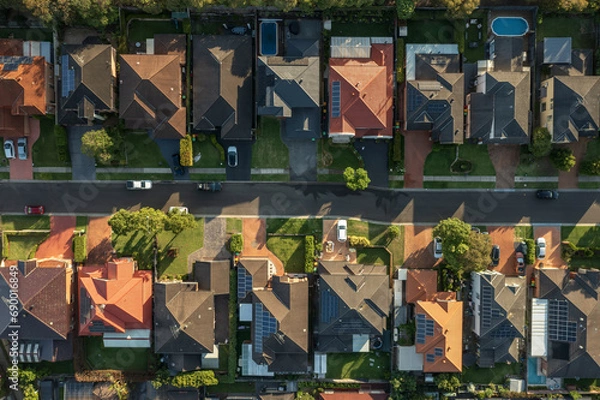 Obraz Aerial top down view of a quiet street lined with upmarket houses in outer suburban Sydney, Australia