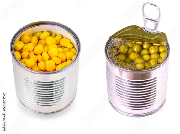 Obraz Set of Canned corn and green peas in an opened tin can isolated over the white background