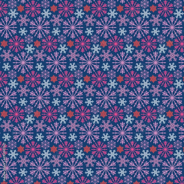 Fototapeta Bright seamless winter pattern with pink and scarlet snowflakes. Pattern on the swatch panel.