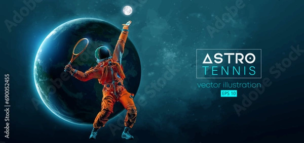 Obraz Abstract silhouette of a tennis player astronaut in space action and Earth, Mars, planets on the background of the space. Tennis player man with racket hits the ball. Vector 3d render illustration