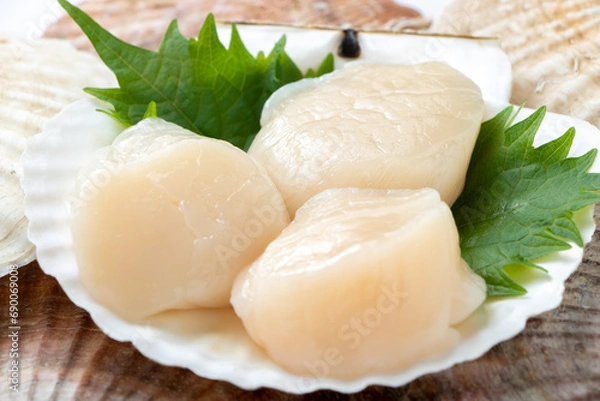 Obraz ホタテの貝殻に盛り付けられた帆立貝柱刺身。
