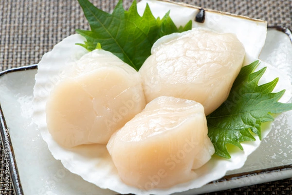 Obraz ホタテの貝殻に盛り付けられた帆立貝柱刺身。
