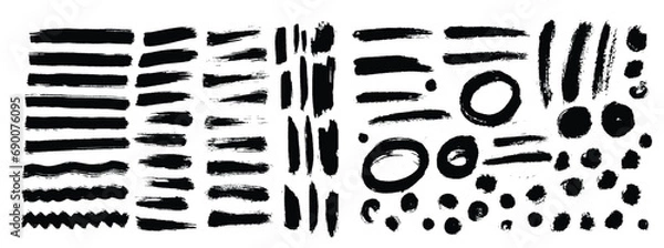 Fototapeta Big set of grunge paint brush stroke, grungy lines, frames, box and artistic design elements on white background. Ink splash, splatter and dirty watercolor texture for social media. Ornament design.
