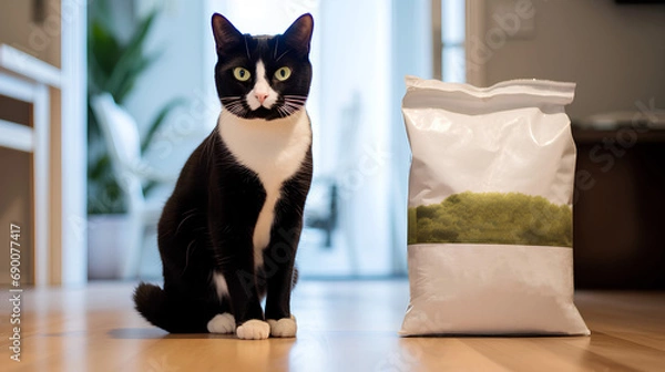 Fototapeta There is a package of pet food and a curious cat on the counter.