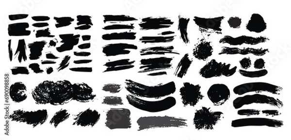 Fototapeta Big collection of black paint, ink brush strokes, brushes, lines, grungy. Dirty artistic design elements, boxes, frames. Vector illustration. Isolated on white background. Freehand drawing.
