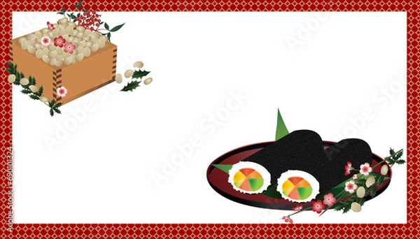Obraz 節分の恵方巻と豆と梅の花のイラスト背景素材