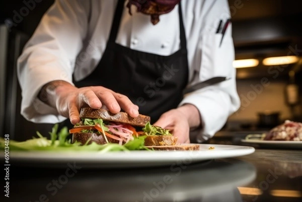 Obraz chef elegantly plating a rye bread sandwich