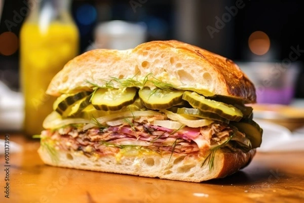 Fototapeta closeup shot of an artistically crafted sandwich with pickles in a bakery