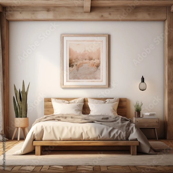 Fototapeta A bedroom with a bed and a picture on the wall