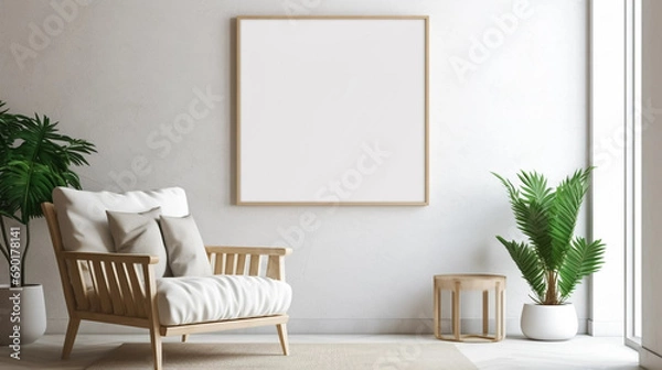 Fototapeta copy space, stockphoto, minimalist cozy healing living room blank frame mockup. Beautiful simple view on a couch and table. Black frame available for random text. Living room mock up.