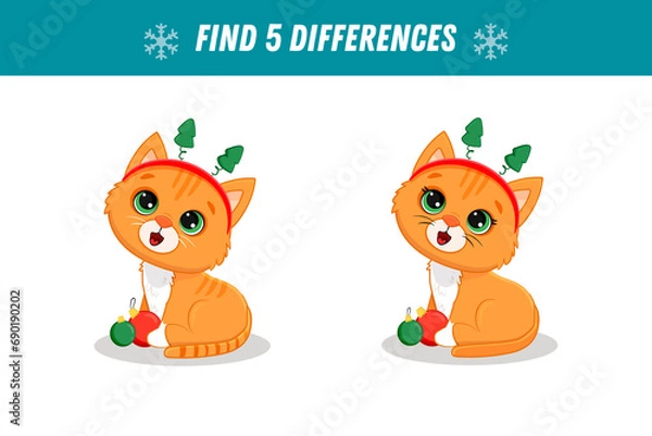 Obraz Find 5 differences between two pictures of cute red cat. Cute ginger kitten. Christmas game. Activity page. Xmas. 
