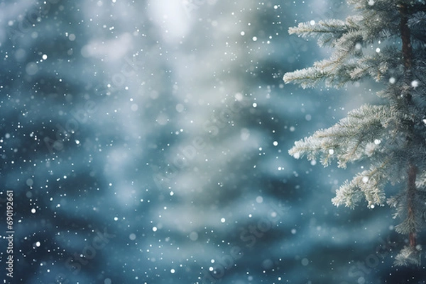 Fototapeta Closeup of Christmas tree with light, snow flake. Generated AI