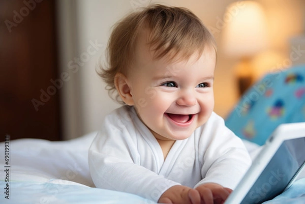 Obraz Happy smiling baby engaging with a tablet at home