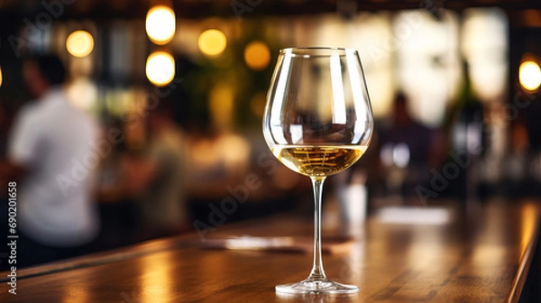 Fototapeta close up of a glas of white wine with blurred Bartender and bar in the back with empty copy space