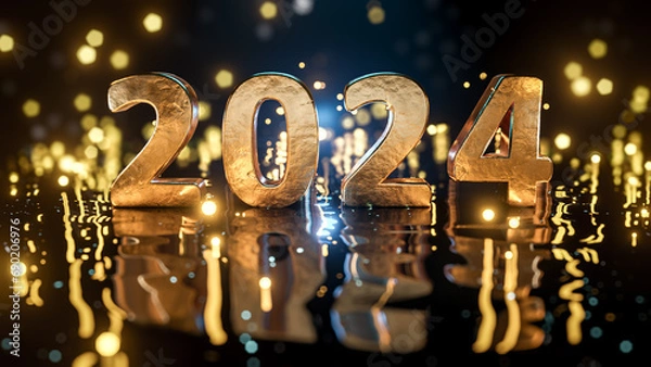 Obraz Close up of gold number 2024 on reflective black wavy ground with ice blue bokeh background. Golden particles fly around.  Happy new year 2024. 3D rendering.