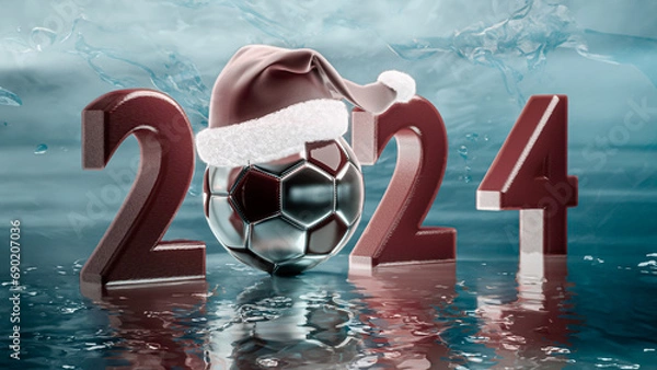 Obraz Close up view of 2024 number. Red text and soccer balls on the turquoise reflective ground. Ball with santa hat. New Year Sign. Sport concept. Happy new year 2024. 3D rendering.