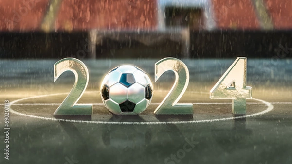 Obraz Close up view of 2024 number. Wet text and soccer balls on the green soccer field, grass. New Year Sign. Right side. Sport concept. 3D Rendering..