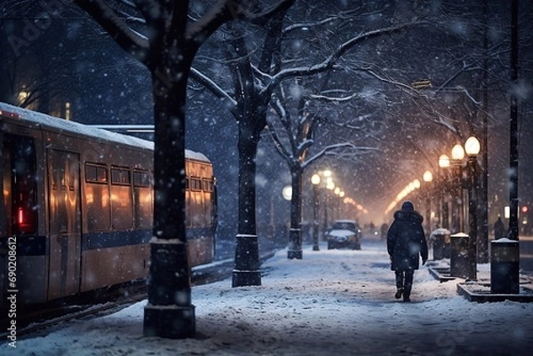 Fototapeta It snowed in the city at night. A man walks along a snowy evening city street with lanterns and a tram passes by